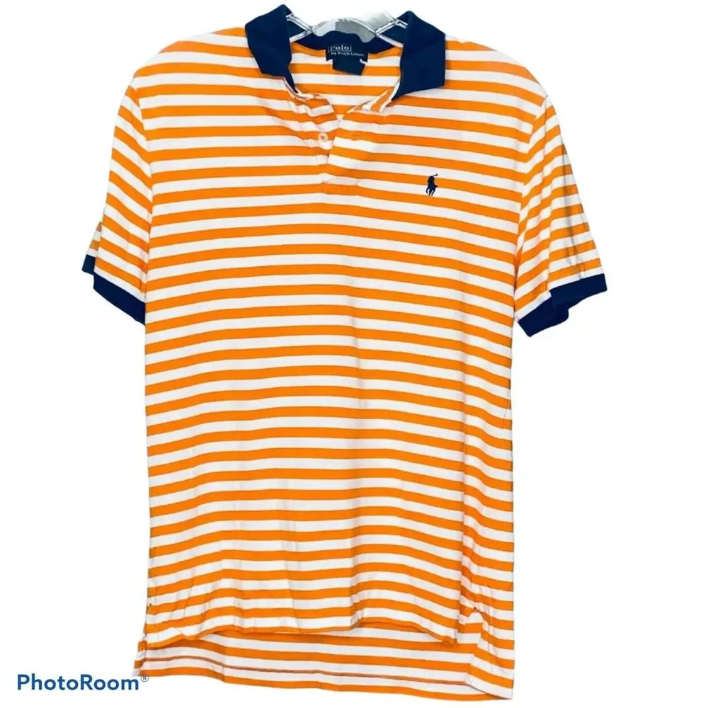 Polo Ralph Lauren Boy's Polo Shirt Orange White Striped Navy Golf‎ Collared L